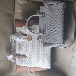 Michael Kors White and Tan Tote Bag with Signature Monogram